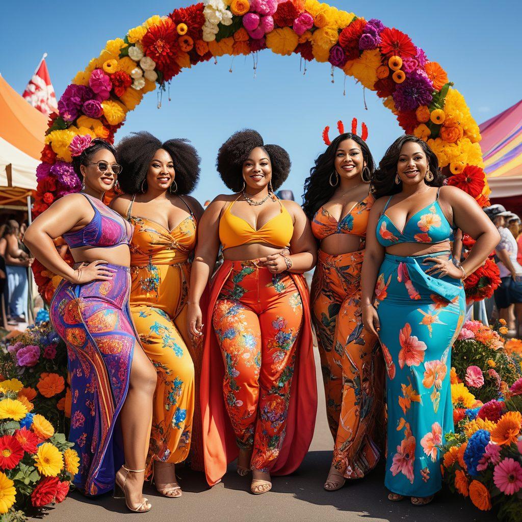 A diverse group of confident, busty women of varying ethnicities, showcasing their unique styles in a vibrant outdoor festival setting. They radiate body positivity while wearing colorful outfits that highlight their curves, surrounded by playful decorations and uplifting slogans. The scene captures joy, empowerment, and community, with a sunny backdrop and blooming flowers, representing celebration and unity. super-realistic. vibrant colors. sunny background.