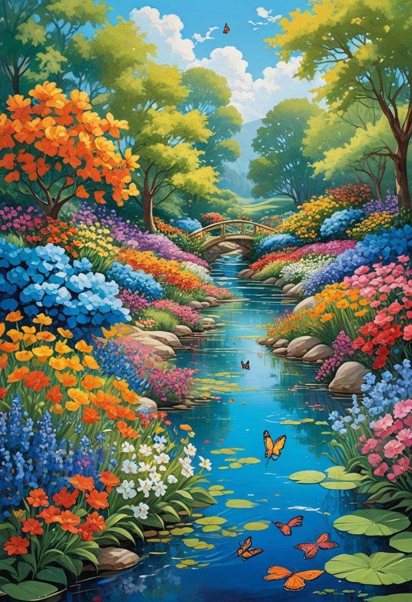 A whimsical depiction of a whimsical landscape filled with oversized, lush bosoms represented as colorful, blooming flowers under a bright sky. Each blossom is uniquely designed, showcasing patterns that embody generosity and beauty. Delightful butterflies flutter around, symbolizing appreciation and light-heartedness. A gentle stream winds through the scene, reflecting the vibrant colors of the flowers. cartoonish style. bright colors. playful and imaginative.